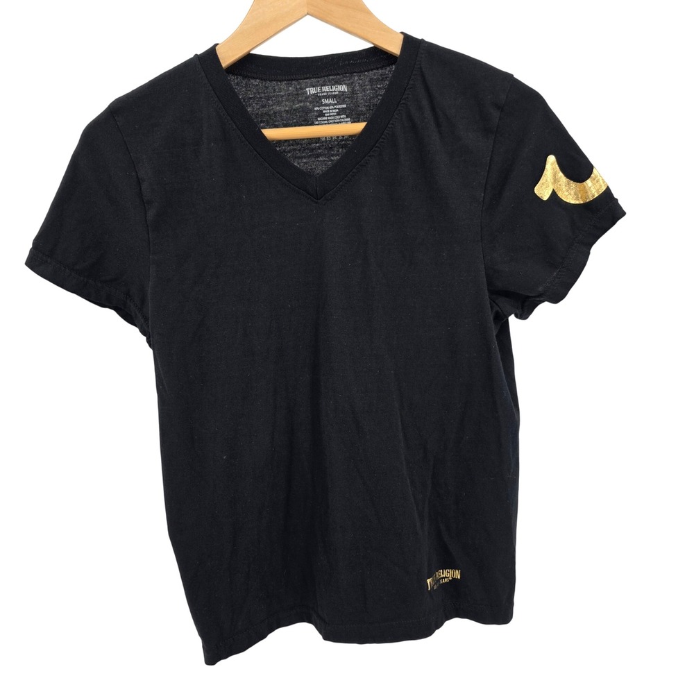 True Religion V-Neck‎ T-Shirt Women's Small Black Gold Logo Short Sleeve Tee